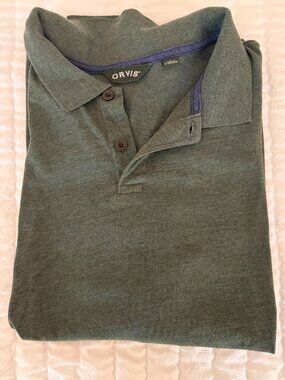 Orvis Men’s Large Olive Green Long Sleeve Polo Shirt Classic Casual